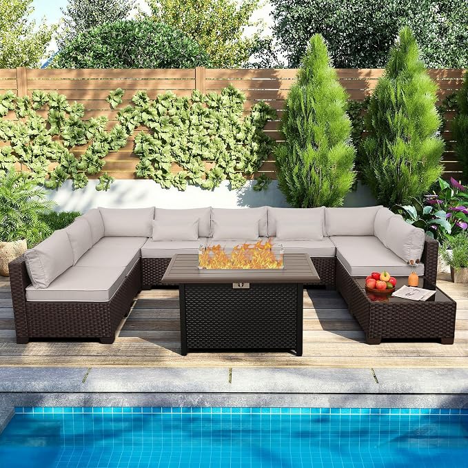 Rattaner 10 Pieces Outdoor Sectional All-Weather Wicker Patio Furniture Set Patio Sectional and Steel Fire Table and Glass Patio Table Non-Slip Cushions and Waterproof Covers, Beige
