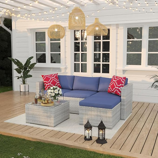 5 Piece Patio Furniture Set, PE Wicker Modern Patio Conversation Set, Outdoor Furniture Set with Glass Coffee Table for Garden, Poolside, Backyard, Grey & Blue