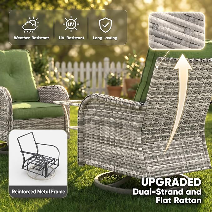 3-Piece Small Patio Furniture Set, Outdoor Swivel Rocking Chairs Set with Wicker Chairs and Tempered Glass Side Table, Outdoor Furniture Patio Bistro Set for Balcony, Deck, Porch