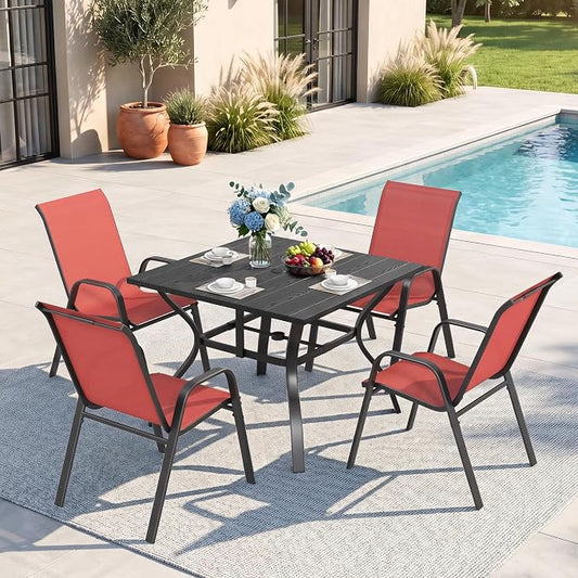 Outdoor Dining Set for 4, Patio Metal Table and Chairs Set with 1.97'' Umbrella Hole, 5pcs Patio Furniture Set 37.8”x37.8” Dining Table Set with Stackable Chairs for Backyard Pool Deck