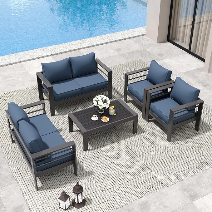 Amopatio Aluminum Patio Furniture Set, 7 Pieces Modern Patio Conversation Sets, Outdoor Sectional Metal Sofa with Coffee Table for Balcony, Garden, Dark Grey&Blue (Included Waterproof Covers)