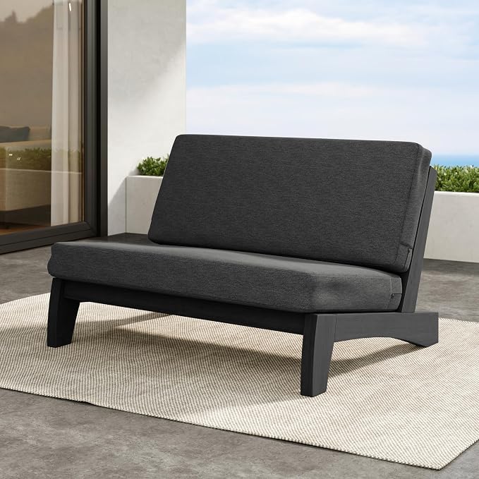 Outdoor Furniture Patio Couch, Weather Resistant Patio Loveseat Sofa Couch with Removable Cushion, Black Wood Frame for Porch & Backyard Seating - Dark Gray