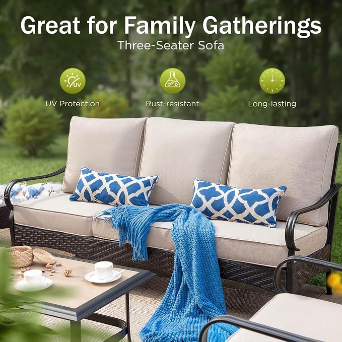 PHI VILLA Outdoor Modern Patio Furniture Set, Upgraded Wicker & Metal Patio Conversation Set with Waterproof Thick Cushions for Porch, Poolside, Yard (5 Pieces,Beige)
