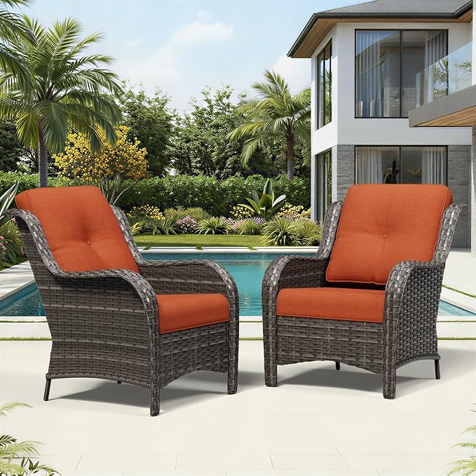 Joyside Patio Chairs Set of 2, Wicker Patio Furniture with High Back, Deep Seating, Wide Armrest, Thickened Cushions, Outdoor Rattan Furniture for Deck, Porch Use