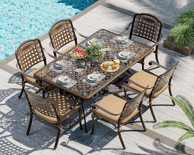 TITIMO 7-Piece Cast Aluminum Patio Furniture Set, Outdoor Patio Dining Set Bistro Conversation Set, All-Weather Rectangular Table w/Umbrella Hole (Khaki-Fixed Grid Chair, 7 Pcs)