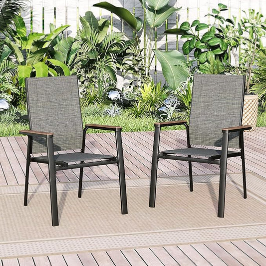 Sophia & William Patio Dining Chairs Set of 2, Stackable Aluminuum Frame | Grey textilene, Weather-resistant, light-weight & space-saving, Breathable & quick-drying, Outdoor deck backyard porch