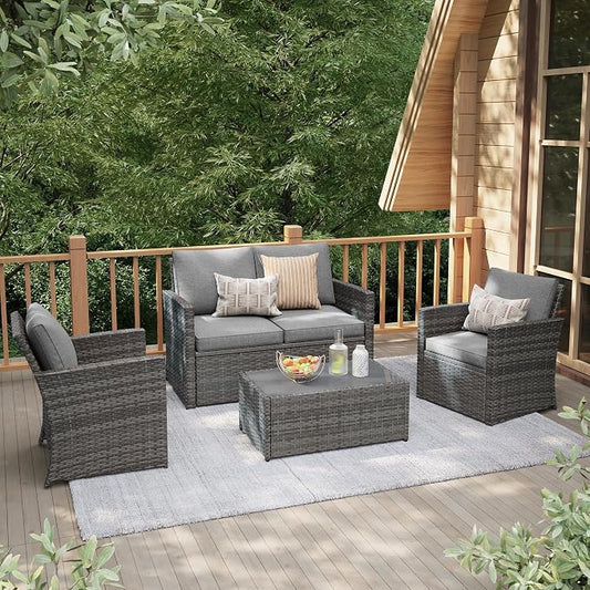 JOIVI Patio Furniture Set, 4 Piece Outdoor Patio Conversation Set, All-Weather PE Rattan Wicker Sectional Patio Sofa Set with Tempered Glass Coffee Table, Light Gray