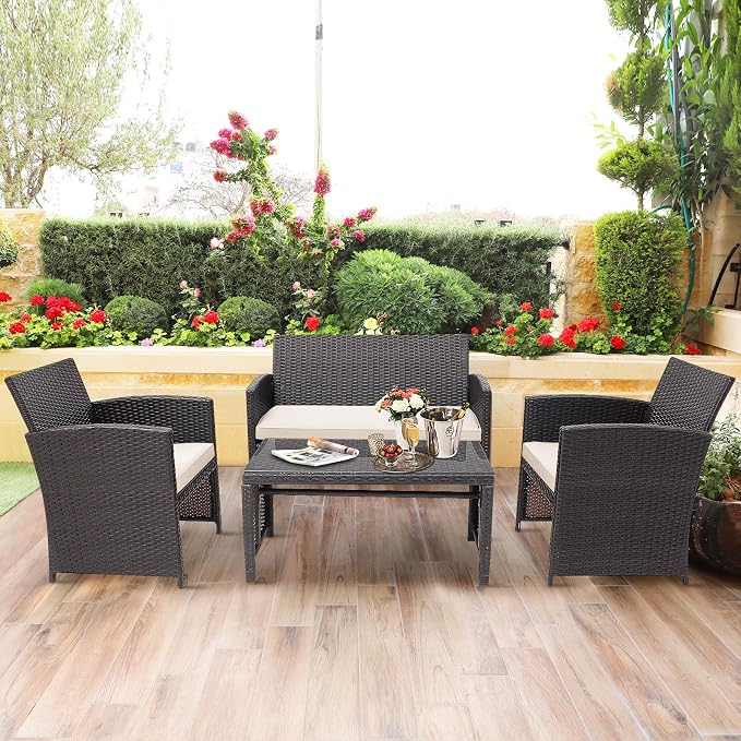 HAPPYGRILL Set of 4 Rattan Conversation Set Outdoor Wicker Furniture Set with Tempered Glass Coffee Table, Soft Cushions, Weather-Resistant Rattan Chair Set for Garden Backyard Poolside