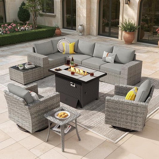 10 Pieces Outdoor Patio Sectional, Wicker Patio Furniture Set with 42 inch Fire Pit Table, All-Weather L Shaped Patio Conversation Set with Swivel Chairs, for Backyard Porch Yard,Dark Grey