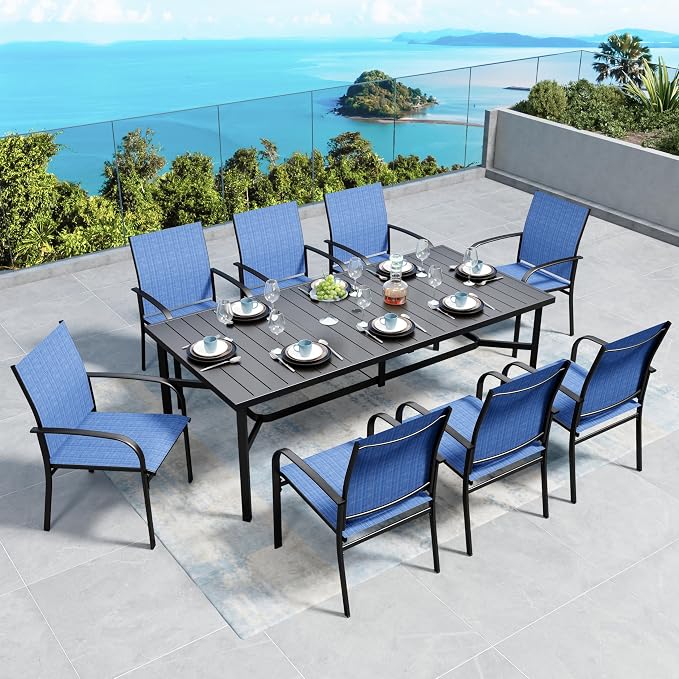SUNSHINE VALLEY Patio Dining Set 9 PCS, 8 Stable Outdoor Dining Chairs with Rectangular Dining Table, Patio Table and Chairs Set for Lawn,Garden,Deck and Backyard