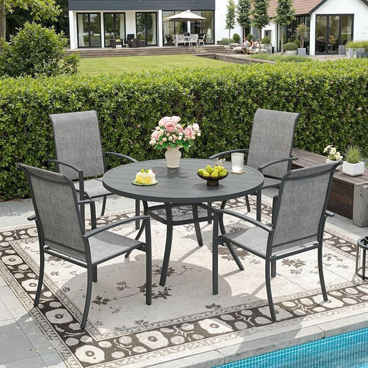 DIFY 5 Pieces Outdoor Dining Set for 4, 40.6" Round Dining Table with Umbrella Hole and Textilene Stackable Patio Chairs, Metal Patio Table and Chairs Set for Garden Backyard Poolside, Grey