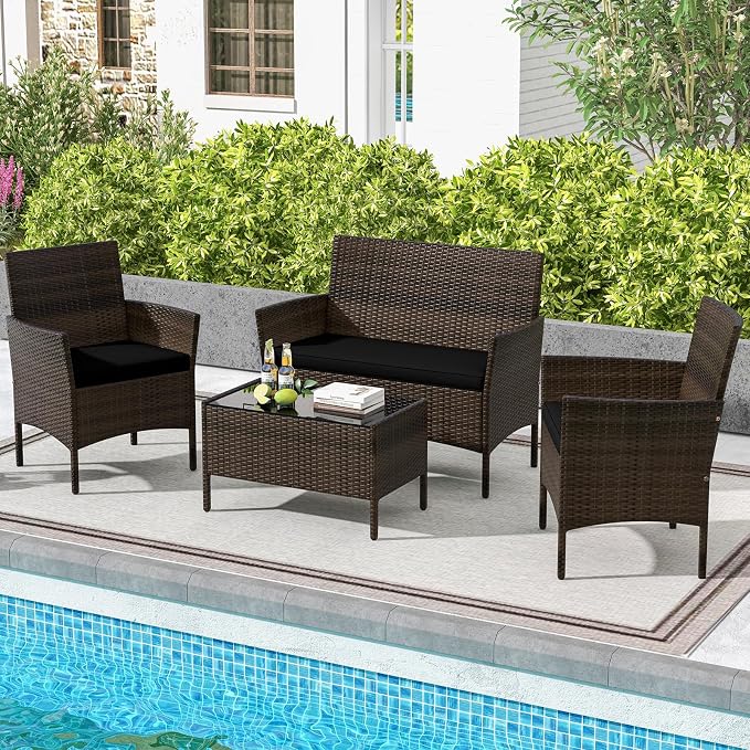 4 Piece Patio Furniture Set, Sectional Conversation Sofa Set with Glass Coffee Table, Cushions & Loveseat, Wicker Outdoor Table and Chairs for Pool, Garden, Deck, Backyard (1, Black)