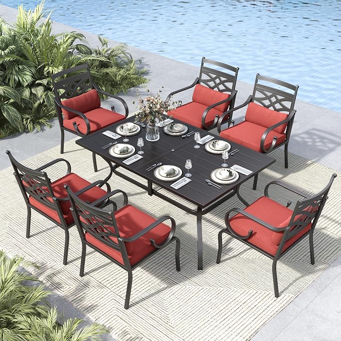 MFSTUDIO 7 PCS, Patio Dining Set, 60"×38", Umbrella Hole, Red | Steel, Metal, E-coated frame