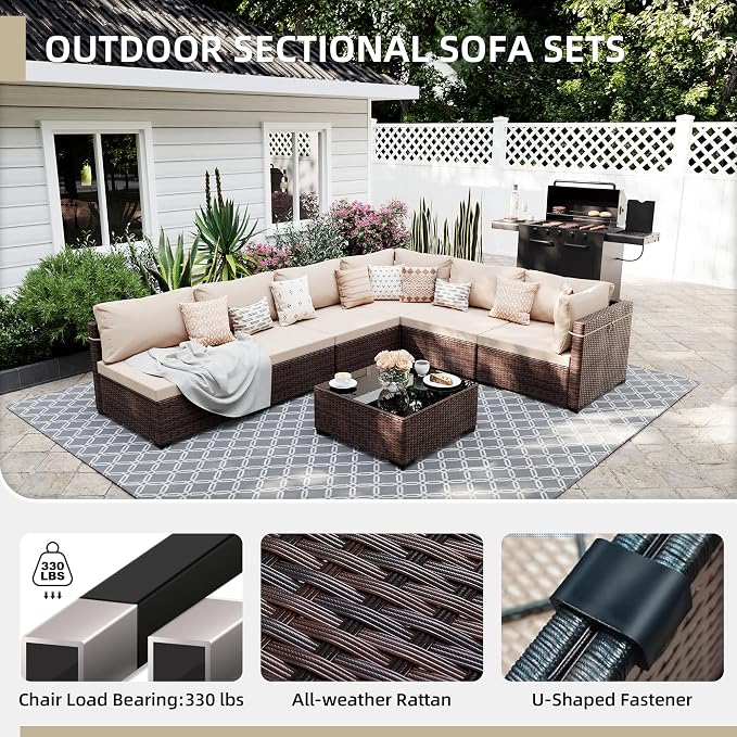 UPHA 7 Pieces Patio Furniture Sets, Wicker Outdoor Sectional Sofa Couch with Coffee Table, Patio Conversation Set for Deck Backyard Garden, Brown Rattan, Beige Cushion