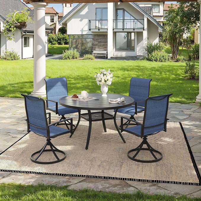 VICLLAX 5 Pieces Outdoor Dining Set, Patio Furniture Set Includes 40.6" Round Metal Table W/ 1.9" Umbrella Hole and 4 Padded Textilene Swivel Chairs for Porch, Lawn, Garden, Backyard