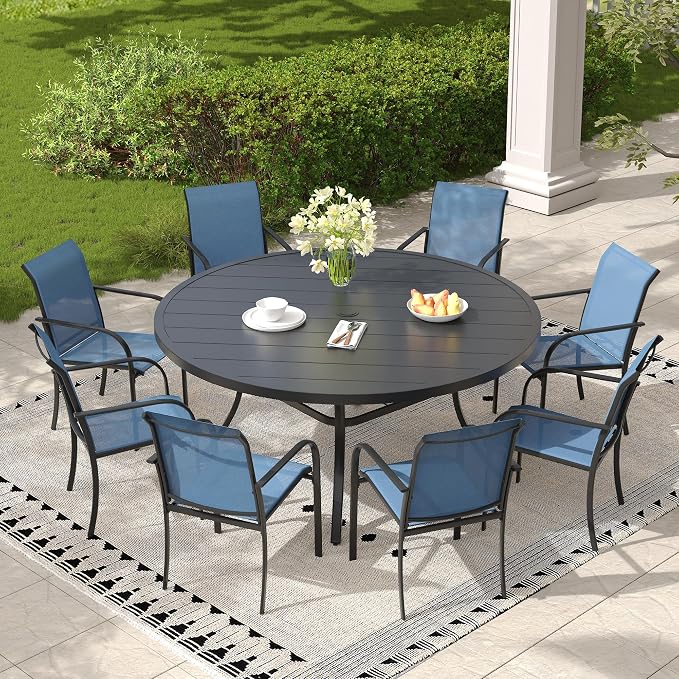 Patio Table and Chairs Set for 8, Outdoor Dining Set with 8 Stackable Dining Chairs and 53" x 53" Metal Slatted Round Dining Table for Porch, Deck, Lawn, Garden, Dark Blue & Black