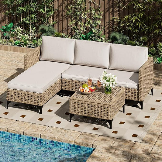 U-MAX 3-Piece Outdoor Patio Furniture Set, Wicker Rattan Conversation Sofa Set with Cushions and Coffee Table, Brown