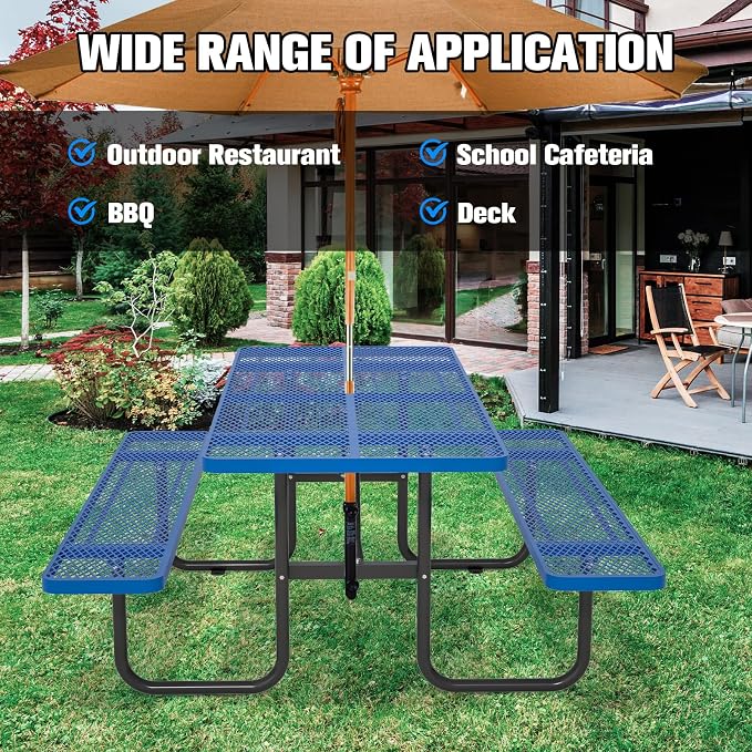 Picnic Tables for Outdoors with Umbrella Hole-Coated Steel Heavy Duty Commercial Grade Table with Seats,Commercial Metal Picnic Tables,Heavy Rectangular Furniture Set for a Lifetime (Blue)