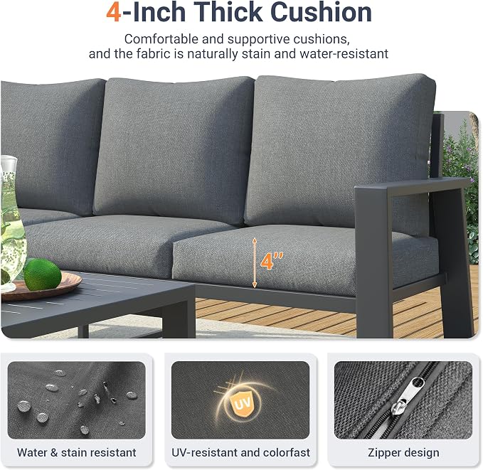 UDPATIO Aluminum Outdoor Patio Furniture Set 5 Pieces Metal Conversation Sets 7 Seat Sectional Sofa Modern Seating Set with Coffee Table for Outdoor Garden Backyard, Dark Grey