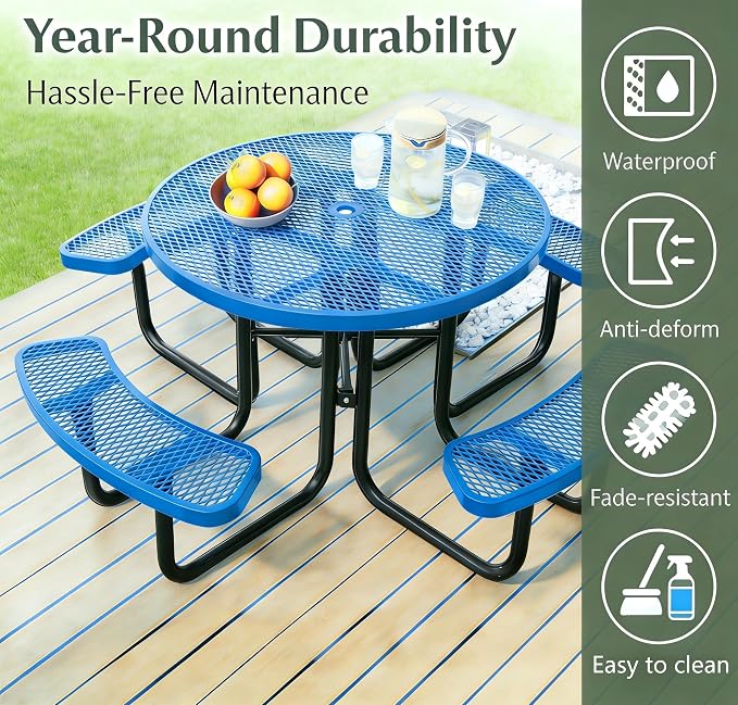 Garvee Heavy Duty Metal Picnic Tables for Outdoors with Umbrella Hole, 46" Round Top Patio Table Coated Steel Commercial Grade Furniture Set Weather & Rust Resistant (Expanded Steel, Blue)