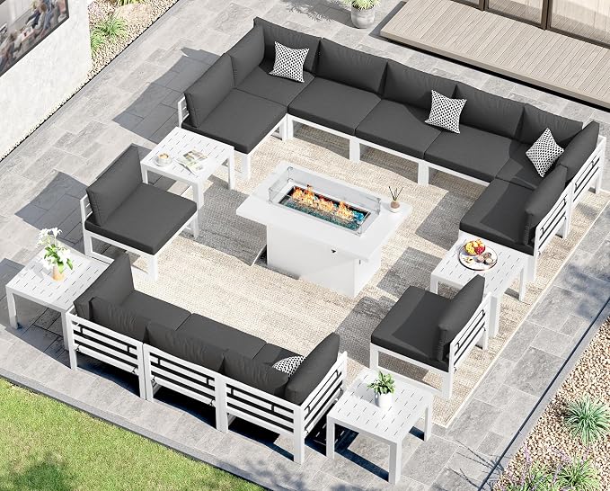 NICESOUL 17 Piece XL Aluminum Patio Sectional Furniture Set with Fire Pit Table Propane/Gas, 500 lbs Heavy Duty Outdoor Sofa, High End Conversation Set with Side Table for Poolside Yard, Dark Gray