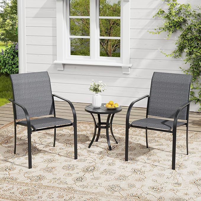 VICLLAX Outdoor Set for 2, Small Patio Table and Chairs Set of Stackable Patio Sling Chairs and Round Dining Table for Front Porch, Dark Grey Fabric and Black Table