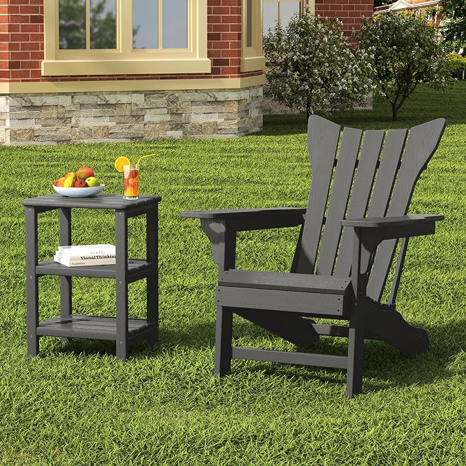 3 Tier Outdoor Side Table Adirondack Side Table HDPE End Table Patio Side Table Rectangle Tables for Outdoor Backyard Garden Balcony (Retro, Grey)
