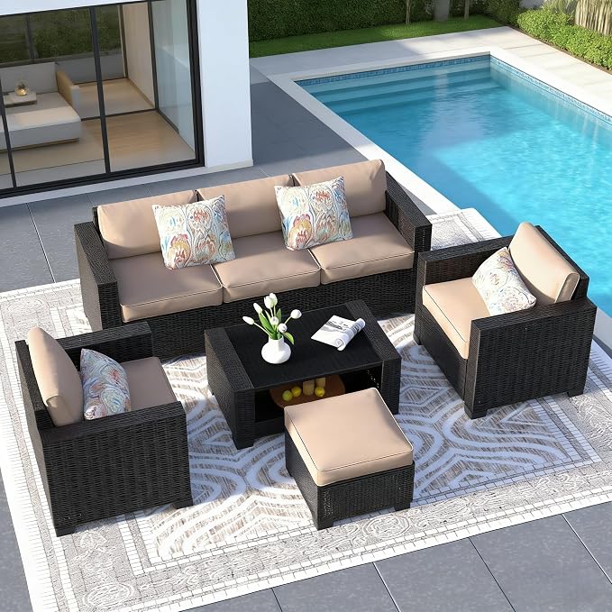 SHGJ&SOFT 7 Piece Outdoor Patio Furniture Set, Wicker Outdoor Sectional Sofa with Washable Cushion Covers and Tempered Glass Table, Rattan Conversation Set for Poolside,Balcony, Porch,Garden