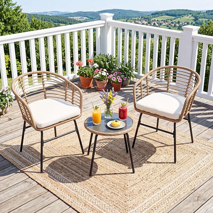 Tangkula 3 Pieces Patio Furniture Set, PE Rattan Bistro Chairs with Tempered Glass Coffee Table and Soft Cushions, Outdoor Wicker Conversation Set for Porch, Balcony, Garden and Poolside (Off White)