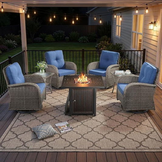 7 Piece Patio Furniture Set with Fire Pit Table - Wicker Patio Conversation Set with 4 Swivel Glider Chairs and 2 Tempered Glass Side Tables for Deck Backyard - Grey Wicker Blue Cushion