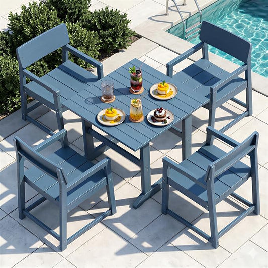 JAMFLY 5 Piece Outdoor Dining Set, All Weather Patio Table and Chairs for Backyard Garden Deck Lawn Pool, Sturdy All Weather Outdoor Furniture Set, Blue