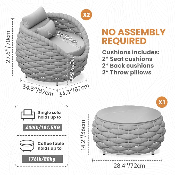 Front Porch Furniture Set: 3 Pieces Aluminum Patio Conversation Set - Assembled Outdoor Sofa Set - Woven Rope Armchair Couch Set - Modern Cushions Set for 400lbs Deck Balcony Bistro Hotel, Gray
