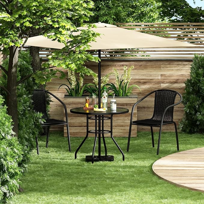 32'' Outdoor Patio Table, Bistro Table with Tempered Glass Table Top and Umbrella Hole Steel Frame Outdoor Furniture Party Conversation Coffee Table for Garden Backyard Balcony Lawn