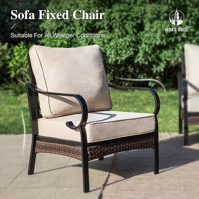 HERA'S HOUSE 4 Piece Metal Patio Furniture Set, All Weather Outdoor Conversation Set with 3 Seat Sofa, 2 x Cushioned Fixed Chair & Coffee Table, Seats 5 for Backyard, Garden, Deck, Beige