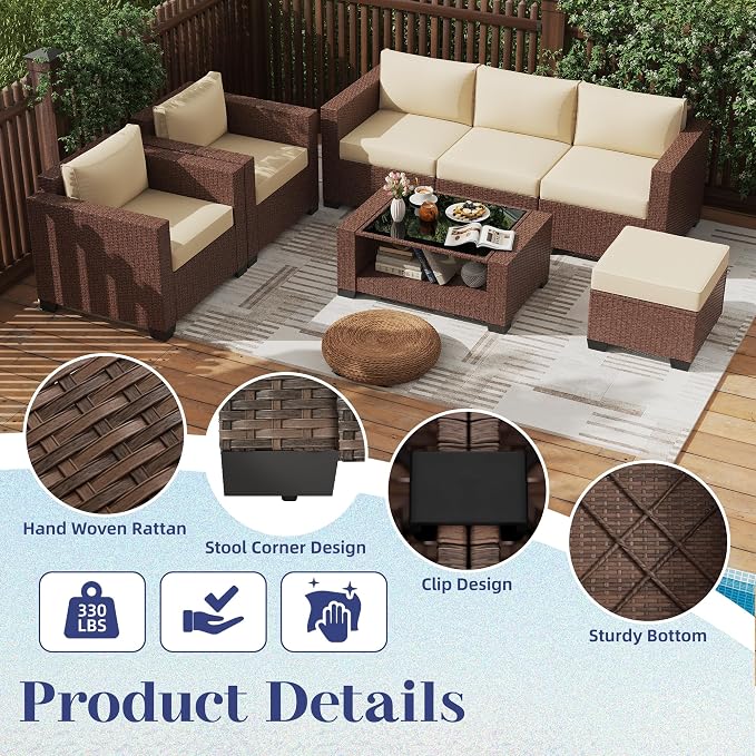 KIGOTY Patio Furniture Set 7 PCS Patio Conversation Sets, All-Weather PE Rattan Outdoor Sectional Sofa with Cushion and 2- Tier Glass Coffee Table（Brown/Beige）