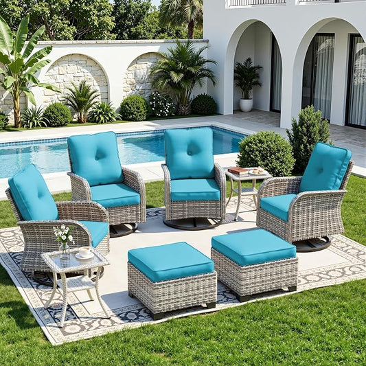 8-Piece Small Patio Furniture Set, Outdoor Swivel Rocking Chairs Set with Ottomans, Patio Bistro Set for Balcony, Deck, Porch, Lake Blue