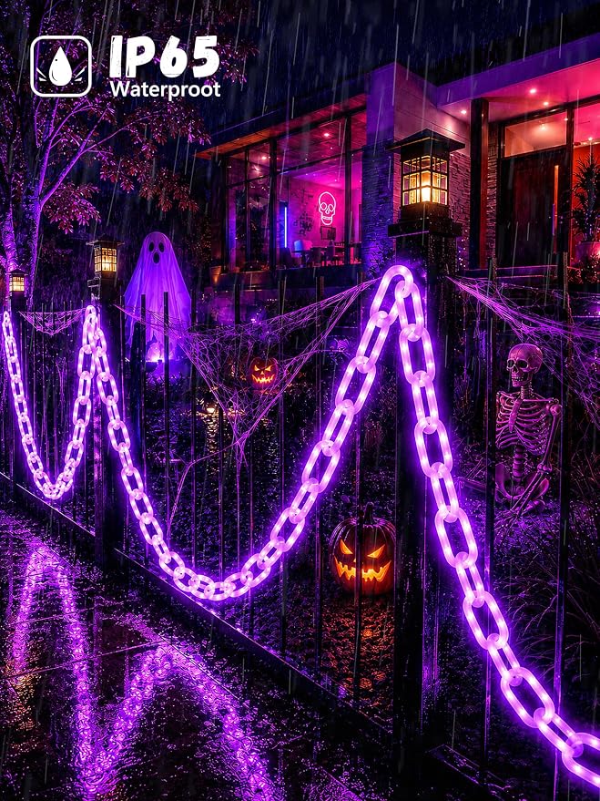 Battery Halloween Chain Lights, 10 FT 160 LED Purple Light-Up Plastic Timer | 8 Modes Battery Operated with Memory for Skeleton Dog, Yard Skeleton, Haunted House and Outdoor Decor Halloween Decorations