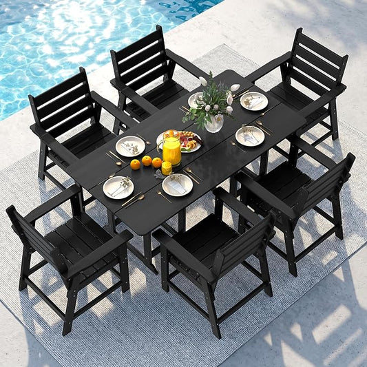7-Piece Dining Set, HDPE Table & 6 Chairs, Black | HDPE Dining Set,67" Table+6 Chairs, 380 lbs, 304 Stainless, All-Weather,No Rust No Crack,Outdoor Patio Garden