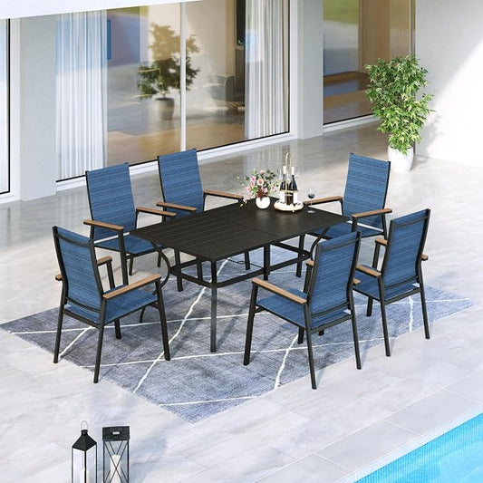 MFSTUDIO 7 PCS Patio Dining Set with 6 Stacking Aluminum Armchair(Blue) and 1 Rectangular Heavy Duty Table