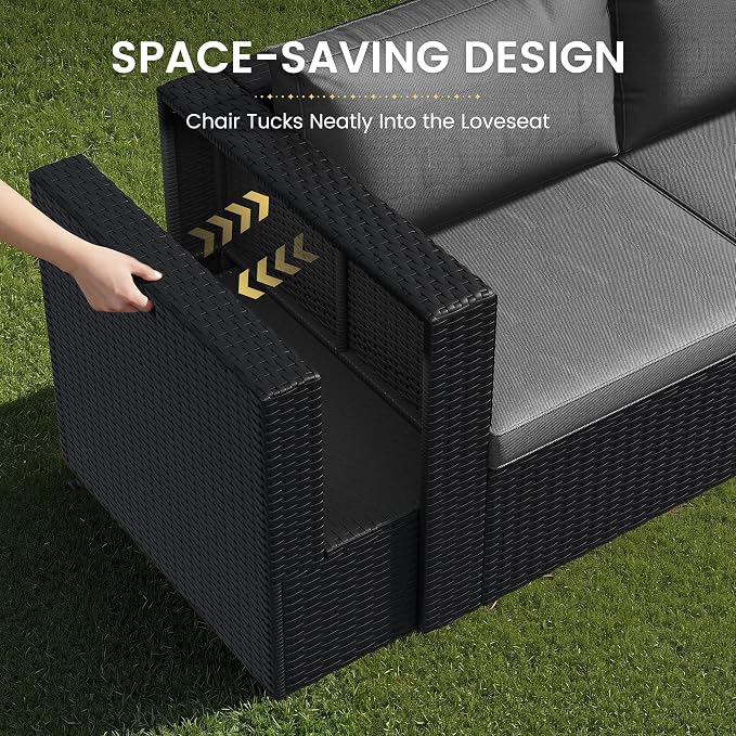 Amopatio Patio Furniture Set,All-Weather Wicker Outdoor Conversation Sofa Set with Glass Coffee Table, Cushions & Ottomans for Deck Backyard Porch Lawn Black/Dark Grey