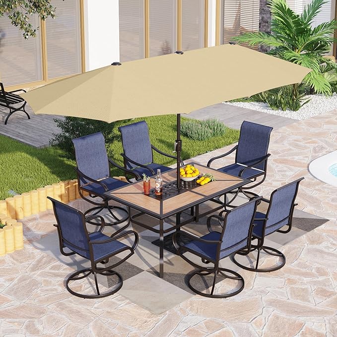 PHI VILLA 8 Pc Outdoor Dining Set with 13ft Umbrella, Swivel Mesh Chairs | 60'' wood-look rectangular table, 6 blue patio textilene chairs and 13ft beige umbrella(NO BASE) for deck, garden, backyard