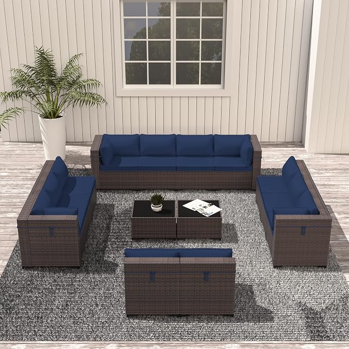 Outdoor Patio Furniture Set, 14 Pieces Outdoor Sectional Furniture Patio Sofa, All-Weather PE Rattan Patio Conversation Set with Tempered Glass Top Table & Cushions(Dark Blue).