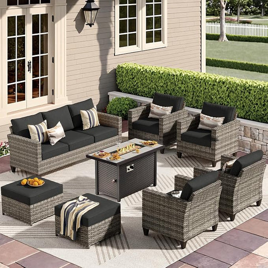 CAODOC 8-Piece Outdoor Wicker Patio Set with 9 Seats, Including 43" Fire Pit - Sectional Sofa and Conversation Set for Backyard or Lawn, Gray Rattan with Waterproof Black Cushions