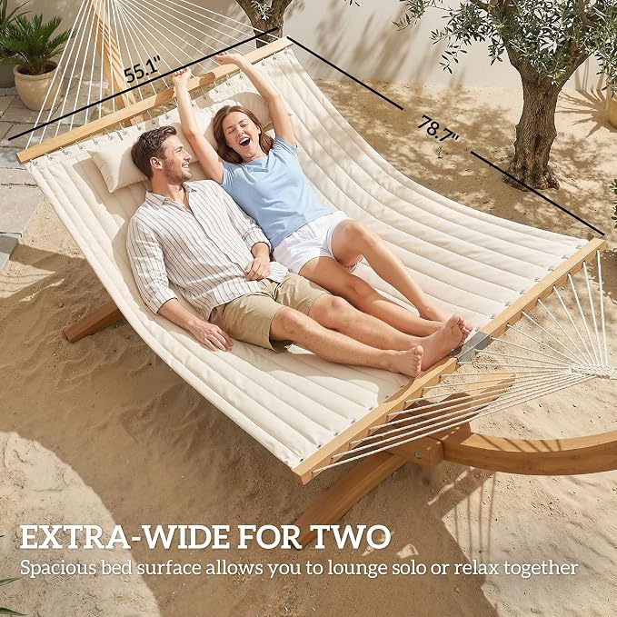 Outdoors 2-Person Hammock with Pillows & Pad Cream White Beechwood Spreader Bars 128in L 440lb Capacity
