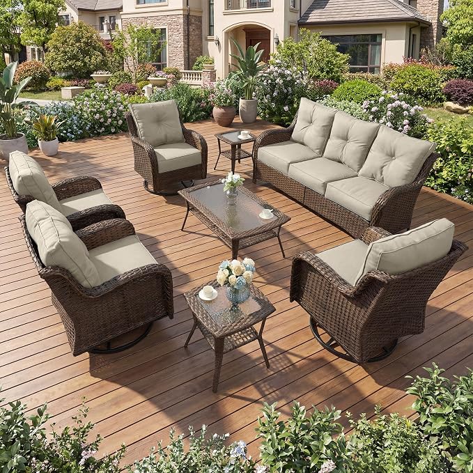 Patio Furniture Set, 8PCS Outdoor Wicker Conversation Set with 6" Thick Cushions, High Back Rattan Sofa & Swivel Rocker Chairs, Weather Resistant Olefin Fabric for Garden, Poolside, Beige