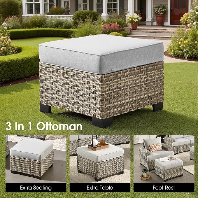 Rattan Patio Furniture Set with Fire Pit,10 Pieces Outdoor Sectional with Single Chair Ottoman,Out Door Furniture Conversation Set,Light Grey