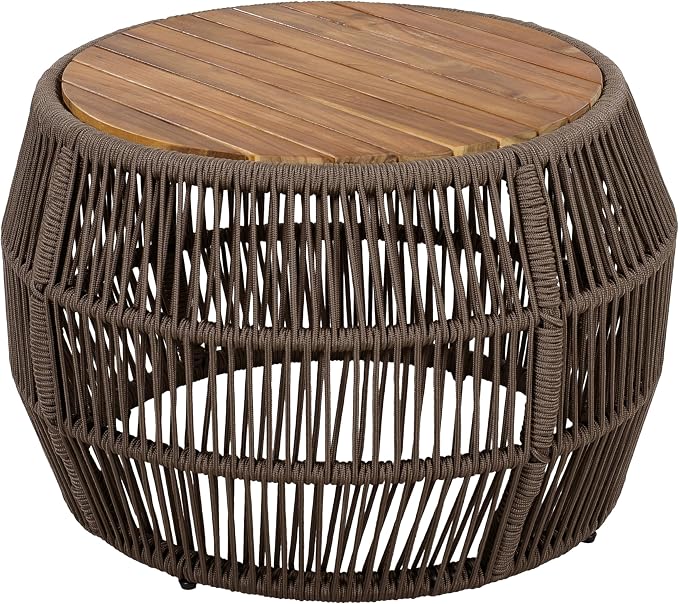 Round Acacia Wood Side Table with Light Grey Rope Frame, Teak Finish Top, 150 lbs Capacity, No Assembly Required, Weather-Resistant Accent Table for Patio Backyard Living Room