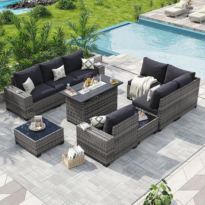 Aoxun Patio Furniture Sets with 44'' Fire Pit, 10 Pcs Outdoor Patio Coversation Set with 4'' Thicken Cushion, Widen Armrests Wicker Outdoor Sectional for Backyard & Garden, Black