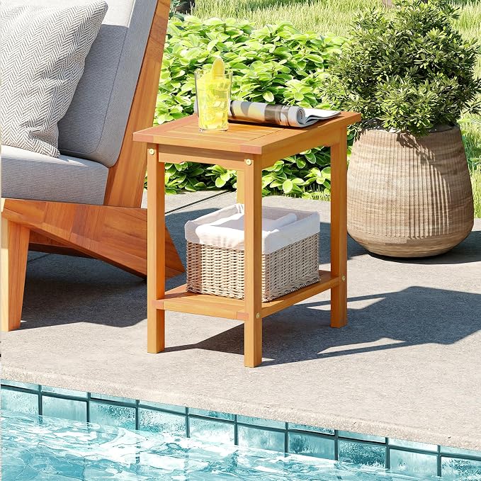 HAPPYGRILL Acacia Wood Patio Side Table, 2-Tier Accent Table with Slatted Tabletop & Storage Shelf, Wooden End Table for Living Room Poolside Balcony Porch (2)