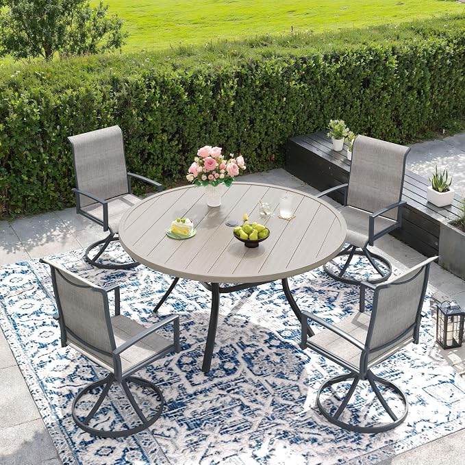 DIFY 5 Piece Outdoor Patio Dining Set for 4, 47.2" Grey Wood-Like Round Metal Dining Table and Swivel Patio Chairs with Grey Padded Textilene, All-Weather Outdoor Furniture Set for Garden Backyard